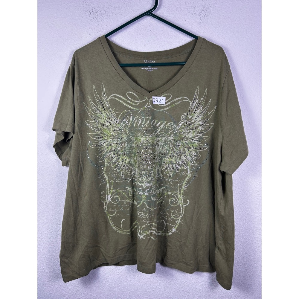 Sonoma Goods for Life Olive Green Rhinestone Wing Graphic V-Neck Tee 3X Woman